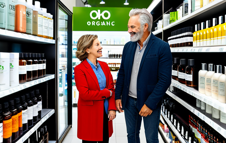**

"A diverse group of fully clothed individuals of varying ages, including men and women, are examining and discussing skincare products in a bright, modern store. The shelves are stocked with products labeled 'Organic' and 'Cosmeceuticals.'  Everyone is smiling and engaged.  Appropriate attire, safe for work, perfect anatomy, correct proportions, natural poses, professional setting, high resolution, family-friendly."

**