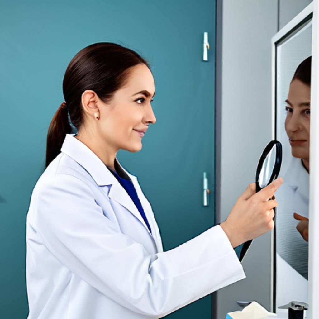 **

A professional dermatologist in a fully clothed, modest lab coat, examining a patient's skin with a magnifying glass in a bright, modern clinic. Safe for work, appropriate content, perfect anatomy, correct proportions, natural pose, well-formed hands, proper finger count, natural body proportions, professional, family-friendly.

**