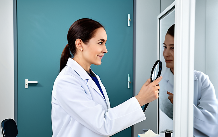 **

A professional dermatologist in a fully clothed, modest lab coat, examining a patient's skin with a magnifying glass in a bright, modern clinic. Safe for work, appropriate content, perfect anatomy, correct proportions, natural pose, well-formed hands, proper finger count, natural body proportions, professional, family-friendly.

**