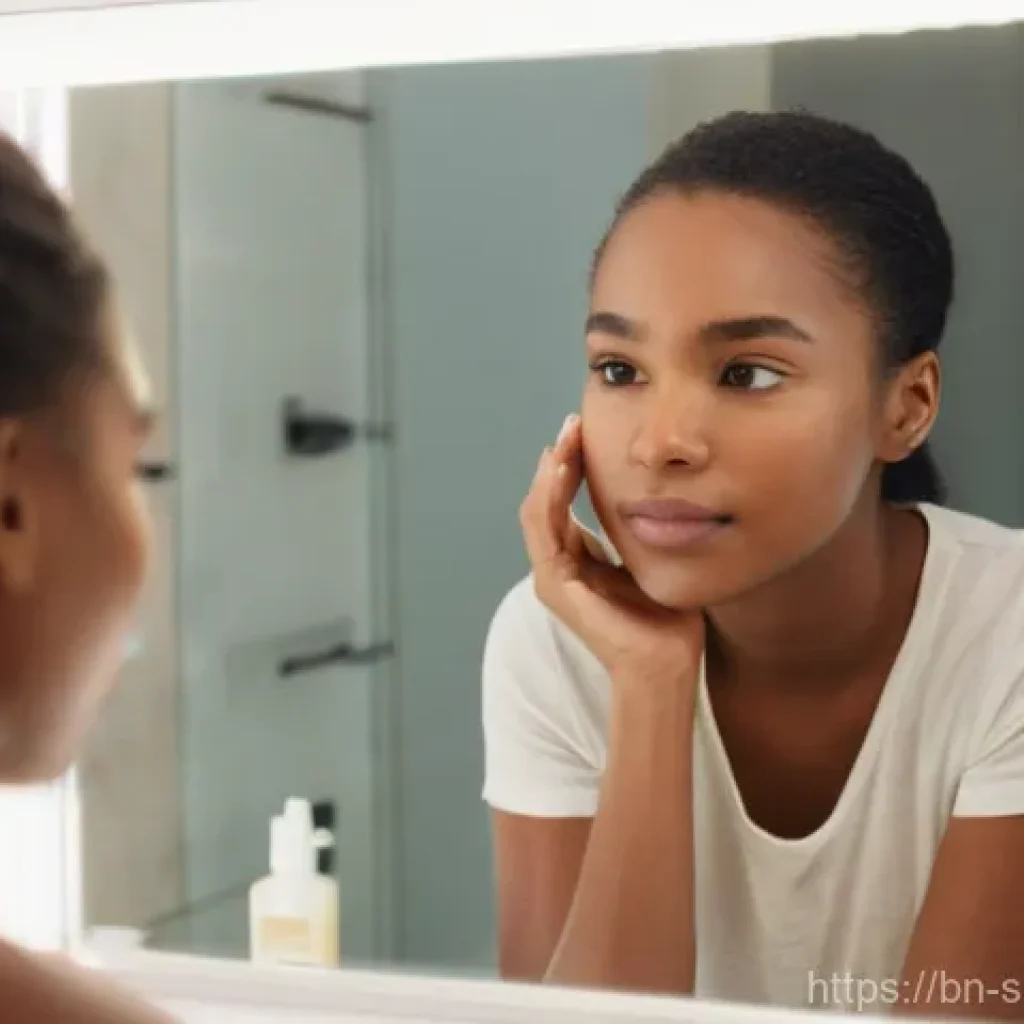 스킨케어 전문가의 해외 연수 경험 - **Prompt:** A young woman (mid-20s) with clear, healthy skin stands in a brightly lit, modern bathro...