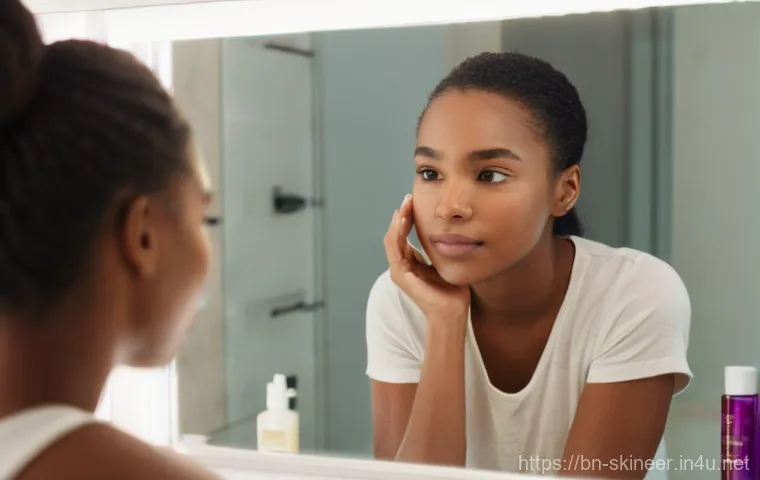 스킨케어 전문가의 해외 연수 경험 - **Prompt:** A young woman (mid-20s) with clear, healthy skin stands in a brightly lit, modern bathro...