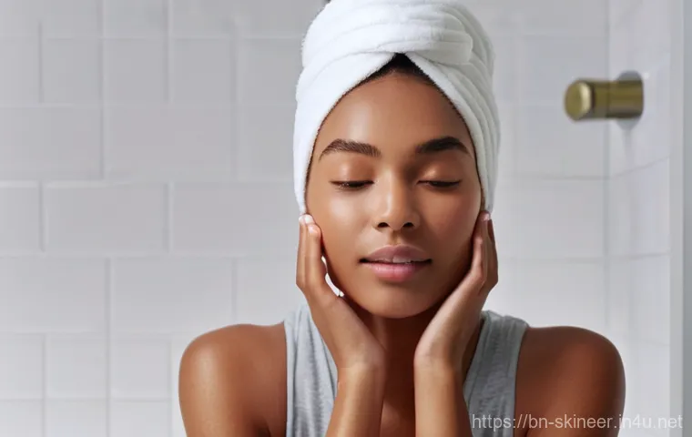 스킨케어 전문가의 해외 연수 경험 - **Prompt:** A young woman (mid-20s) with clear, healthy skin stands in a brightly lit, modern bathro...