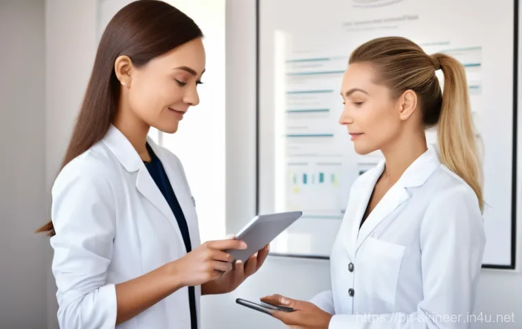 스킨케어 자격증 시험 채점 기준 - **Prompt:** A highly skilled and confident female skincare professional, wearing a pristine white la...