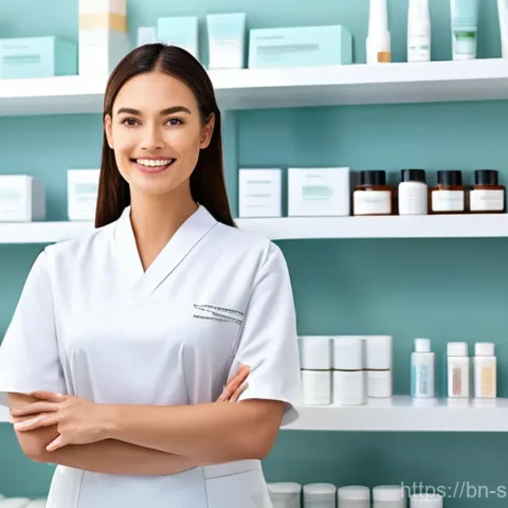 스킨케어 직업과 관련된 법규 및 윤리 - **Prompt: "A confident and professional female aesthetician, in her early 30s, wearing a clean, fitt...