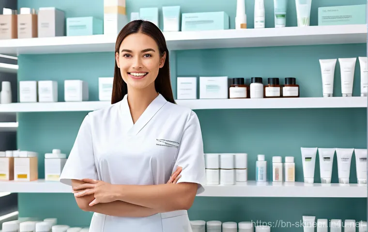 스킨케어 직업과 관련된 법규 및 윤리 - **Prompt: "A confident and professional female aesthetician, in her early 30s, wearing a clean, fitt...