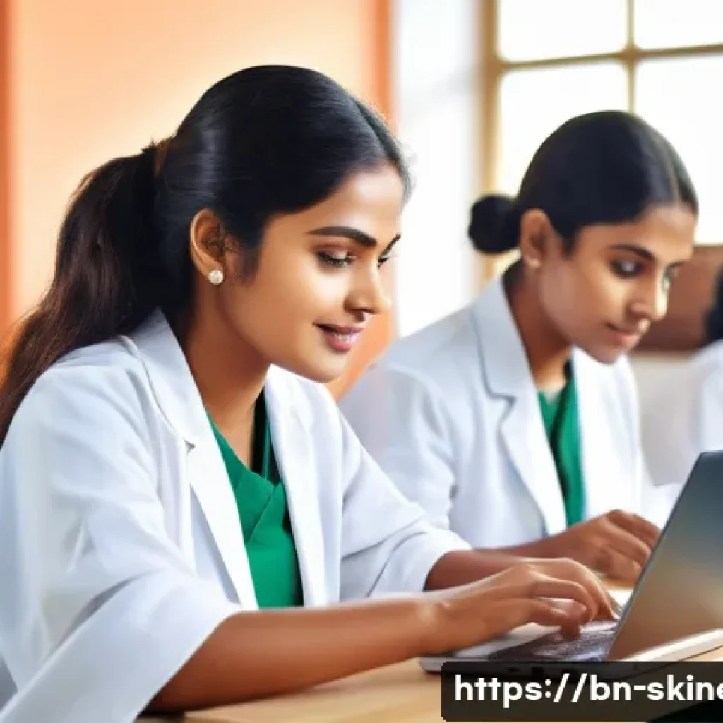 스킨케어 분야 자격증별 시험 일정 - A professional skincare certification exam scene showing a diverse group of young Bengali students i...