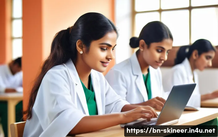 스킨케어 분야 자격증별 시험 일정 - A professional skincare certification exam scene showing a diverse group of young Bengali students i...